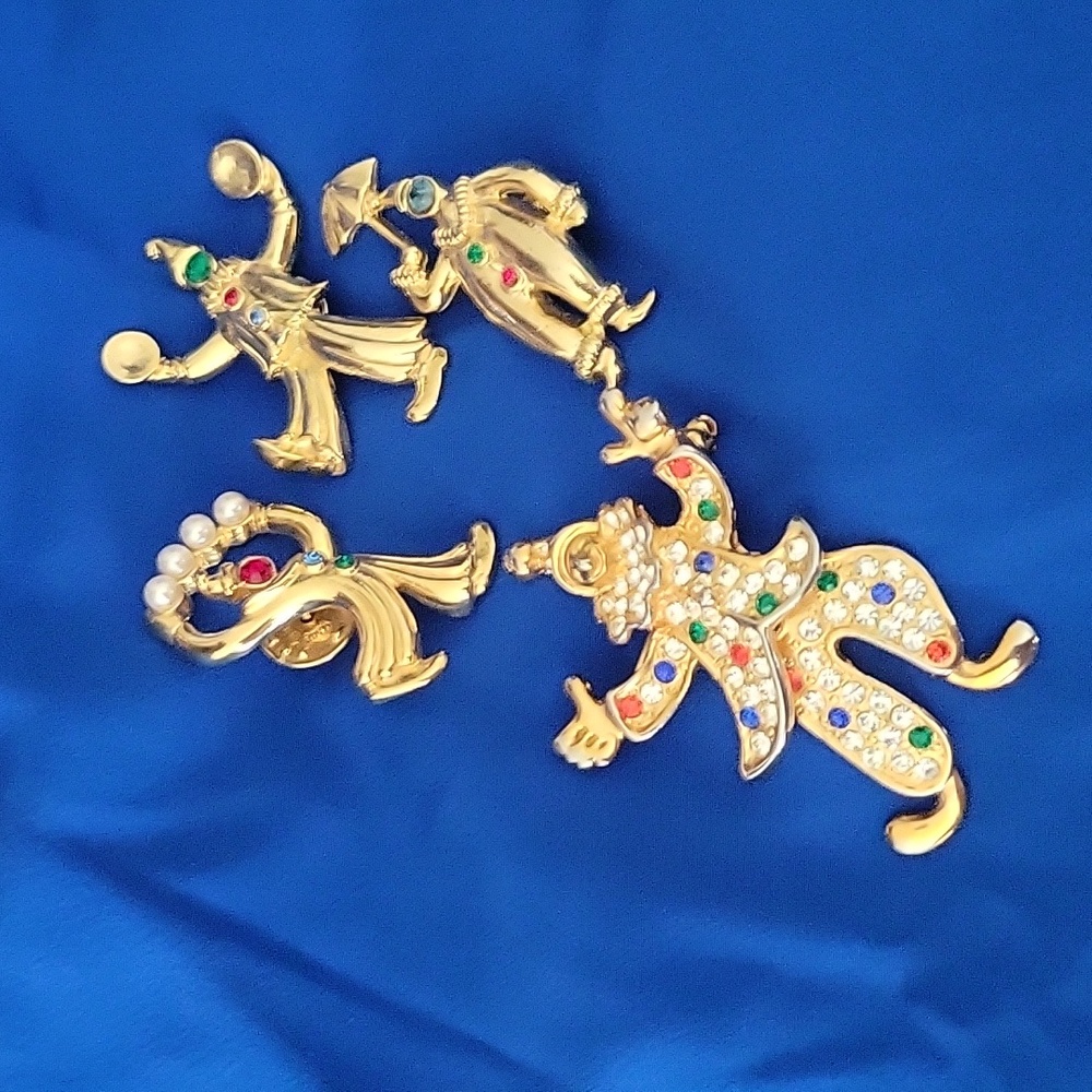 Vintage JJ Clown Brooch Set Colorful Rhinestone Harlequin Pins